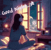 a girl wearing headphones is sitting on a bed and looking out a window with the words good night written on it