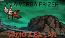 a cartoon of a man running with the words a la verga frizer vamos a bailar in red