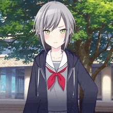 a girl with gray hair and green eyes is wearing a red bow tie