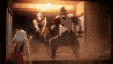 a group of anime characters are standing in a room with one holding a sword