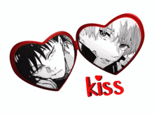 two heart shaped mirrors with the word kiss in red