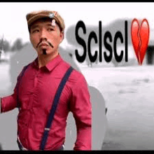 a man in a red shirt and suspenders is standing in front of a white car .