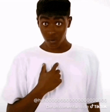 a young man wearing a white t-shirt is pointing at his chest .