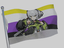 a flag with a picture of a girl holding a gun on it