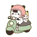 a cartoon panda bear is riding a scooter with a cat on the back .