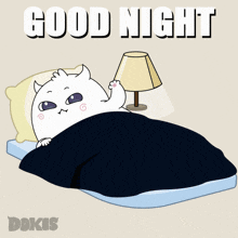 a cartoon of a cat laying in bed with the words good night