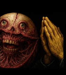 a painting of a monster with a crying face and praying hands