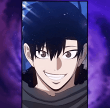 a cartoon character with a purple background is smiling