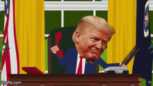 a cartoon of donald trump sitting at a desk in front of an american flag
