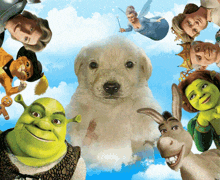shrek is surrounded by other cartoon characters including a dog