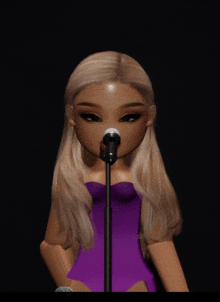 a doll is singing into a microphone in a dark room