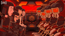 a group of cartoon characters are sitting in a room with the word [ as ] on the bottom right