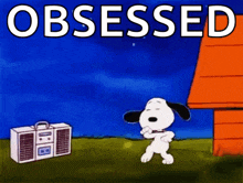 a cartoon of snoopy dancing in front of a boombox with the words `` obsessed '' written on it .