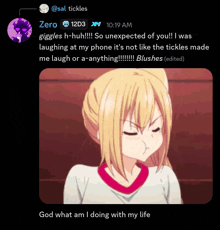 a screenshot of a tweet from @sal tickles with a picture of a girl making a face