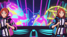 two anime characters are dancing in front of a neon background .