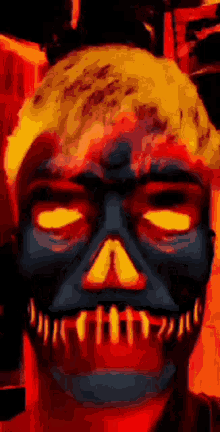 a man with a skull painted on his face has glowing eyes