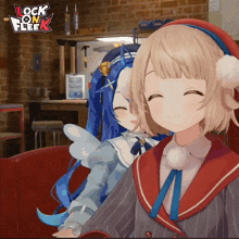 two anime girls are sitting next to each other with the words lock on fleet visible in the background