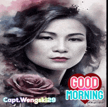 a picture of a woman with a rose and the words " good morning "