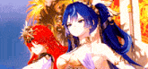 two anime girls with red hair and blue hair are standing next to each other .
