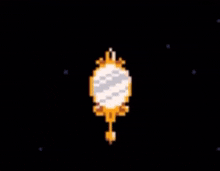 a pixel art clock with a top hat and gloves is floating in the air .