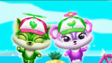 two cartoon characters are standing next to each other with one wearing a pineapple hat