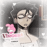 a drawing of vincent only de ria with a pink bunny on his shoulder