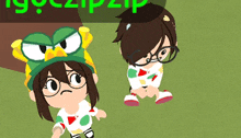a girl with glasses and a green hat is standing next to a boy