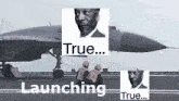 a fighter jet is being launched with the words true launching below it