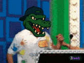 a man wearing a crocodile mask stands at a podium with a 3look logo on the bottom right