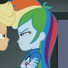 a cartoon character with rainbow hair is standing next to another character with yellow hair