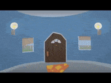 a cartoon of a dragon standing in front of a door with a picture of a skeleton in the background