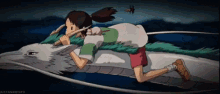 a girl is riding on the back of a dragon in a cartoon .