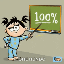 a cartoon of a girl pointing at a blackboard that says 100 % on it