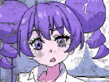 a pixel art drawing of a girl with purple hair and blue eyes