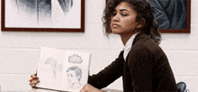 a girl is sitting at a desk holding a drawing