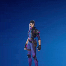 a girl in a purple outfit is holding a blue object