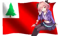 a girl in a purple jacket is sitting in front of a flag with a pine tree on it