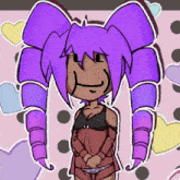 a drawing of a girl with purple hair and hearts behind her