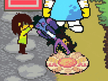 a pixel art drawing of a person standing next to a circle