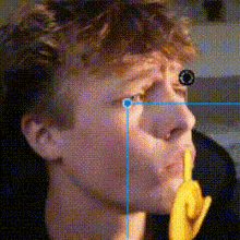 a close up of a man eating a banana with a blue line around his eyes