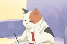 a cat in a suit and tie is writing on a piece of paper
