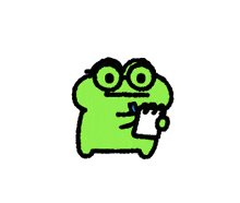 a green frog wearing glasses is holding a cup of water