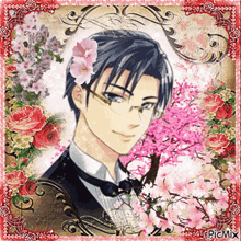 a picture of a man in a tuxedo surrounded by pink flowers with picmix at the bottom