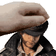 a hand is putting a hat on a man 's head in a pixel art .