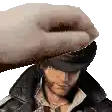 a hand is putting a hat on a man 's head in a pixel art .