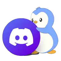 a blue penguin holds a purple discord icon