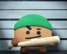 a cartoon character wearing a green hat is holding a bat