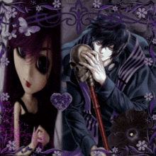 a man holding a skull and a woman with purple hair