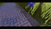 a brick sidewalk with grass growing on the side of it