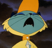 a cartoon cat wearing a yellow hat and a diamond collar
